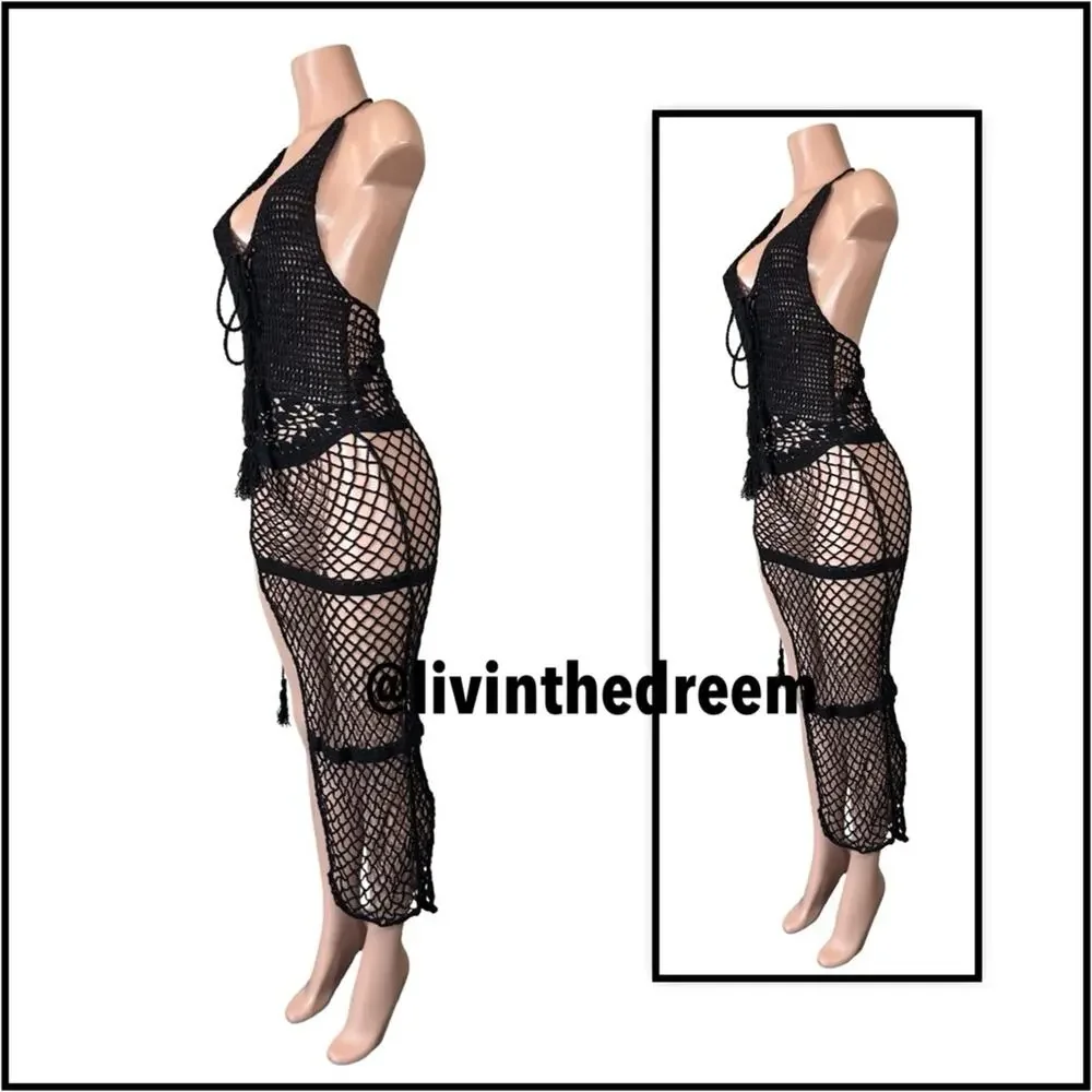 Frankies Bikinis Black Crochet Sunrise Cover Up Dress SZ L $250